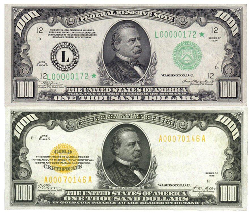 grover cleveland 1000 bill gold certificate federal reserve note